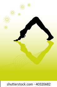 Vector showing a black silhouette practice yoga in front of a graded background. Size and color can be changed.