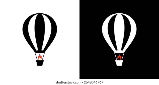Vector showing a black and white hot air balloon with red flame in basket. Illustration is isolated on a white and black background.