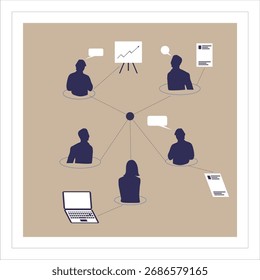 Vetor mostrando a rede de comunicação de negócios com estrutura centralizada, liderança, trabalho em equipe e silhuetas profissionais.