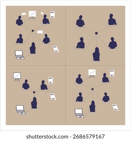 Vector showing business communication network with centralized structure, leadership, teamwork, and professional silhouettes.