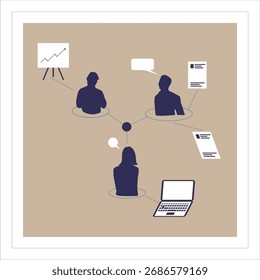 Vector que muestra la red de comunicación empresarial con estructura centralizada, liderazgo, trabajo en equipo y siluetas profesionales.