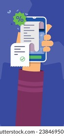 A vector showing a hand holding a phone with a discount displayed and a bill emerging from it, symbolizing digital commerce. A visual representing a transaction, possibly an online purchase or payment