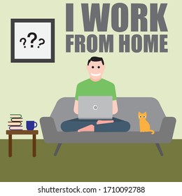 VECTOR SHOWING A MAN WORKING FROM HOME WITH HIS LAPTOP AND A CAT SIT BESIDE HIM