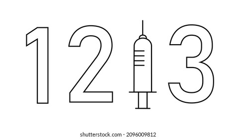 Vector showing numbers and vaccine needle portraying three COVID-19 doses. Booster shot. COVID-19 vaccination, protection, vaccine, 3rd dose.