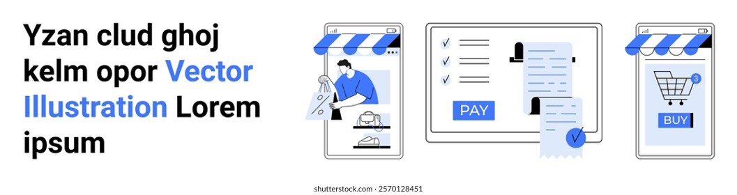 A vector showing online shopping with a small store, billing, and payment. Ideal for e-commerce, online stores, digital payments, retail marketing, and web design. Banner for landing page