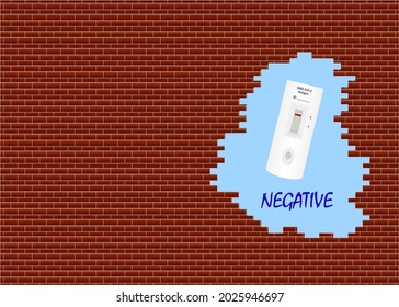 Vector showing  rapid covid-19 test with negative result in a hole in the brick wall. 
