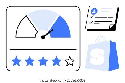 Vector showing a rating meter with stars, a profile card with checkmarks, and a shopping bag. Ideal for business reviews, feedback systems, customer satisfaction, user profiles, and e-commerce