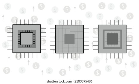 Vector que muestra escasez de semiconductores, tres chips en el centro con signos de dólar y flechas que muestran alta demanda. Problemas de la cadena de suministro debidos a Covid-19. Negocios, computadora, chips de vehículos, procesadores.
