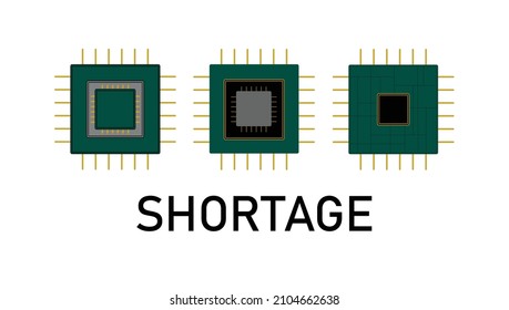Vector showing semiconductor shortage, three green and gold chips with 'shortage' written below. Supply chain problems due to Covid-19. Business, computer, vehicle chips, processors. Global shortage.