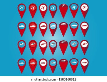 Vector showing set of seven different kinds of map pointers for each transportation icons - airplane, car, train and cruise ship.