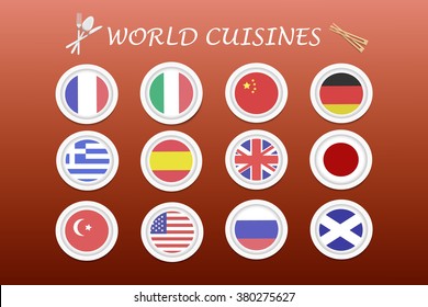 The vector is showing symbols of world cuisines. On the vector are white plates with circular national flags at the bottom. Everything is on a dark red gradient background.