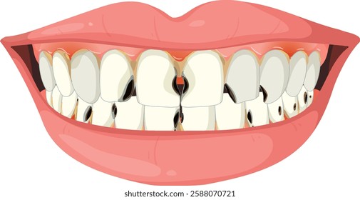 Vector showing teeth with visible decay and damage