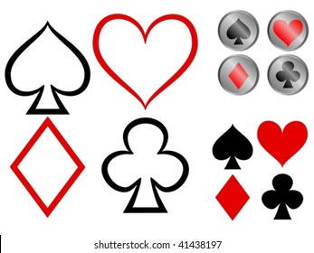 Vector showing three variations of playing card symbols - plain, outline and glossy buttons