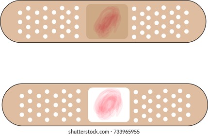 Vector showing two sides of a bandage with blood from wound showing