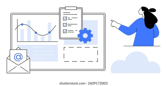Vector showing a woman pointing at a graph and checklist on a computer screen, alongside an email icon and gear symbol. Ideal for business and technology, data analysis, project management, email