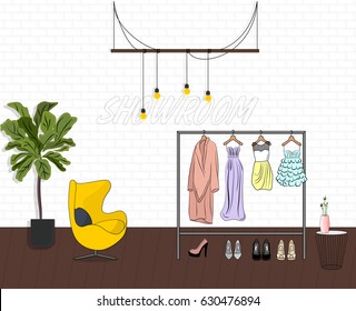 Vector showroom illustration. Hanging flat room with coat, dresses, shoes. Woman fashion cabinet. Retail store concept. Elegance modern fashionable  interior