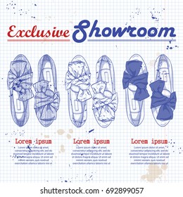 Vector showroom set, hand drawn sketch, womens ballet flats with knot on a notebook page. Big sale