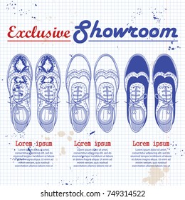 Vector showroom set, hand drawn sketch, womens oxfords on a notebook page. Big sale
