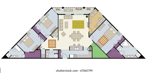 Vector shows the architectural plan of three-bedroom condo with den and furniture.