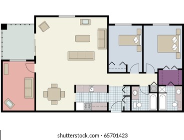 Vector shows the architectural plan of two-bedroom condo with den and furniture