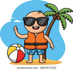 Vector shows bald man wearing life jacket and sunglasses standing on sandy beach near palm tree and colorful ball under blue sky in summer vacation scene. Cheerful mood.