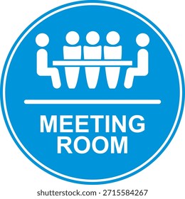 El Vector muestra un letrero circular azul y blanco de la sala de reuniones con un ícono de personas sentadas en una mesa y el texto “SALA DE REUNIONES”. Se utiliza para etiquetar e identificar salas de reuniones, y se puede aplicar como una etiqueta engomada o producir como un signo de acrílico.