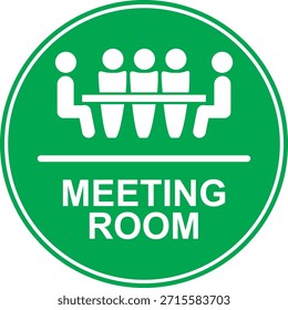 El Vector muestra un letrero circular verde y blanco de la sala de reuniones con un ícono de personas sentadas en una mesa y el texto “SALA DE REUNIONES”. Se utiliza para etiquetar e identificar salas de reuniones, y se puede aplicar como una etiqueta engomada o producir como un signo de acrílico.