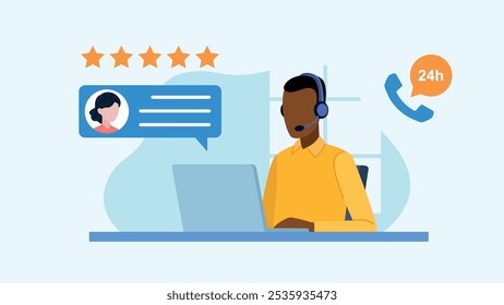 Vector zeigt einen Mann, der ein Headset trägt, an einem Laptop sitzt und 24-Stunden-Kundenservice bietet. Eine Fünf-Sterne-Bewertung und eine Kundenbewertung sind sichtbar und symbolisieren ein positives Feedback