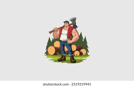 vector shows a muscular lumberjack standing with an axe outdoors