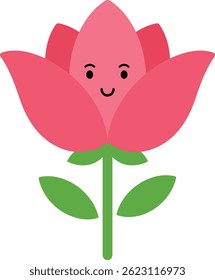 The vector shows a pink flower with a happy facial expression and two green leaves on a stem, conveying a cheerful and friendly mood.
