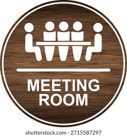 El Vector muestra un letrero circular de madera marrón y blanco en la sala de reuniones con un ícono de personas sentadas en una mesa y el texto “SALA DE REUNIONES”. Se utiliza para etiquetar e identificar salas de reuniones, y se puede aplicar como una etiqueta engomada o producir como un signo de acrílico.