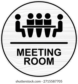 El Vector muestra un letrero circular de madera blanco y negro en la sala de reuniones con un ícono de personas sentadas en una mesa y el texto "SALA DE REUNIONES". Se utiliza para etiquetar e identificar salas de reuniones, y se puede aplicar como una etiqueta engomada o producir como un signo de acrílico.