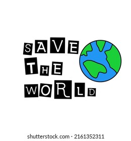 The vector shows the word Save The World in a black background box and a picture drawing a round shape representing the earth.