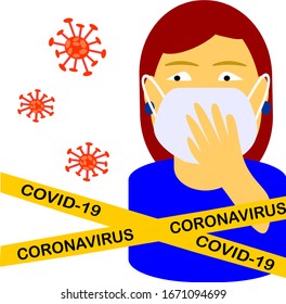The vector shows young girl wearing medical face mask holding hands near her face because of coronavirus 