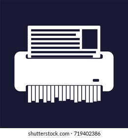 Vector shredder image. Technics for office. Vector white icon on dark blue background.