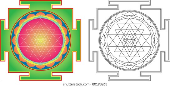 Vector Shri  Yantra (or Sri Yantra) for Meditation .  Color and contour image