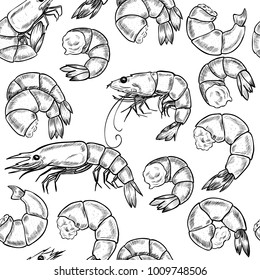 Vector shrimp hand drawn sketch . Vector seamless pattern.  Vintage style