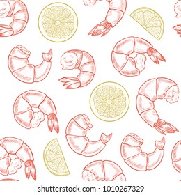 Vector shrimp hand drawn sketch . Vector seamless pattern.  Vintage style