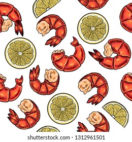 Vector shrimp hand drawn sketch . Vector seamless pattern.  Vintage style