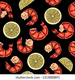 Vector shrimp hand drawn sketch . Vector seamless pattern.  Vintage style