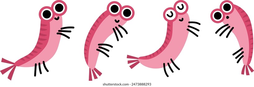 Vektorgrafik Shrimp-Icon-Set. Unter dem Meer Illustration mit niedlichen lustigen Garnelen Fisch. In: Ocean Animal Clipart. Cartoon Unterwasser, Meer, Meerjungfrau Krebse Clip Kunst für Kinder isoliert auf Weiß
