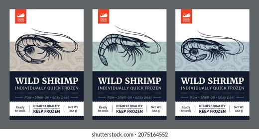 Vector shrimp label or package design. Seafood abstract design template. Prawn illustrations