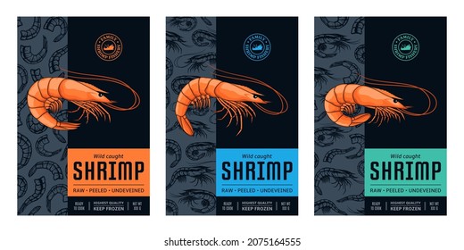 Vector shrimp label or package design. Seafood abstract design template. Prawn illustrations