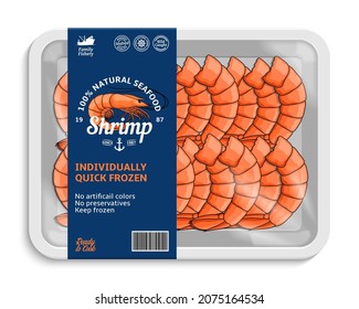 Vector Shrimp Label Template, Seafood Package Illustration. Prawn Illustrations And Food Tray Mockup