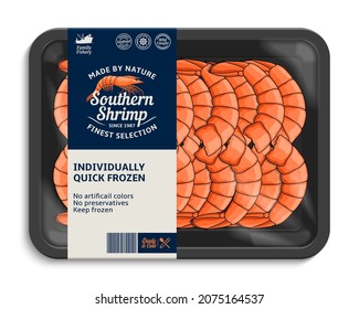 Vector shrimp label template, seafood package illustration. Prawn illustrations and food tray mockup