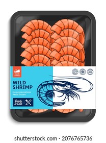 Vector shrimp label template, seafood package illustration. Prawn illustrations and food tray mockup