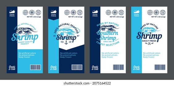 Vector shrimp labels and design elements. Prawn illustrations