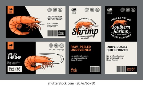 Vector shrimp labels and design elements. Prawn illustrations