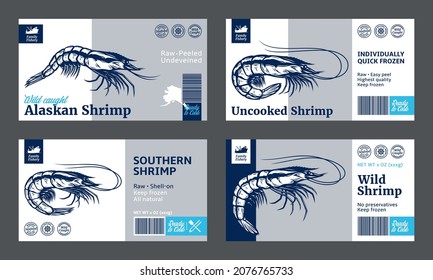 Vector shrimp labels and design elements. Prawn illustrations