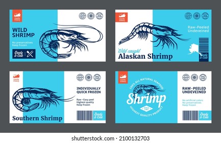 Vector shrimp labels and design elements. Prawn illustrations